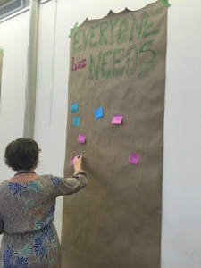 Large poster with post-it notes below the heading "Everyone has Needs"